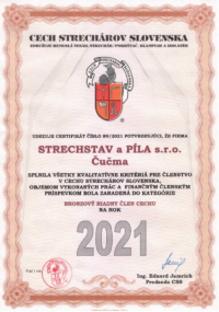 Certifikát - člen Cechu strechárov na rok 2021